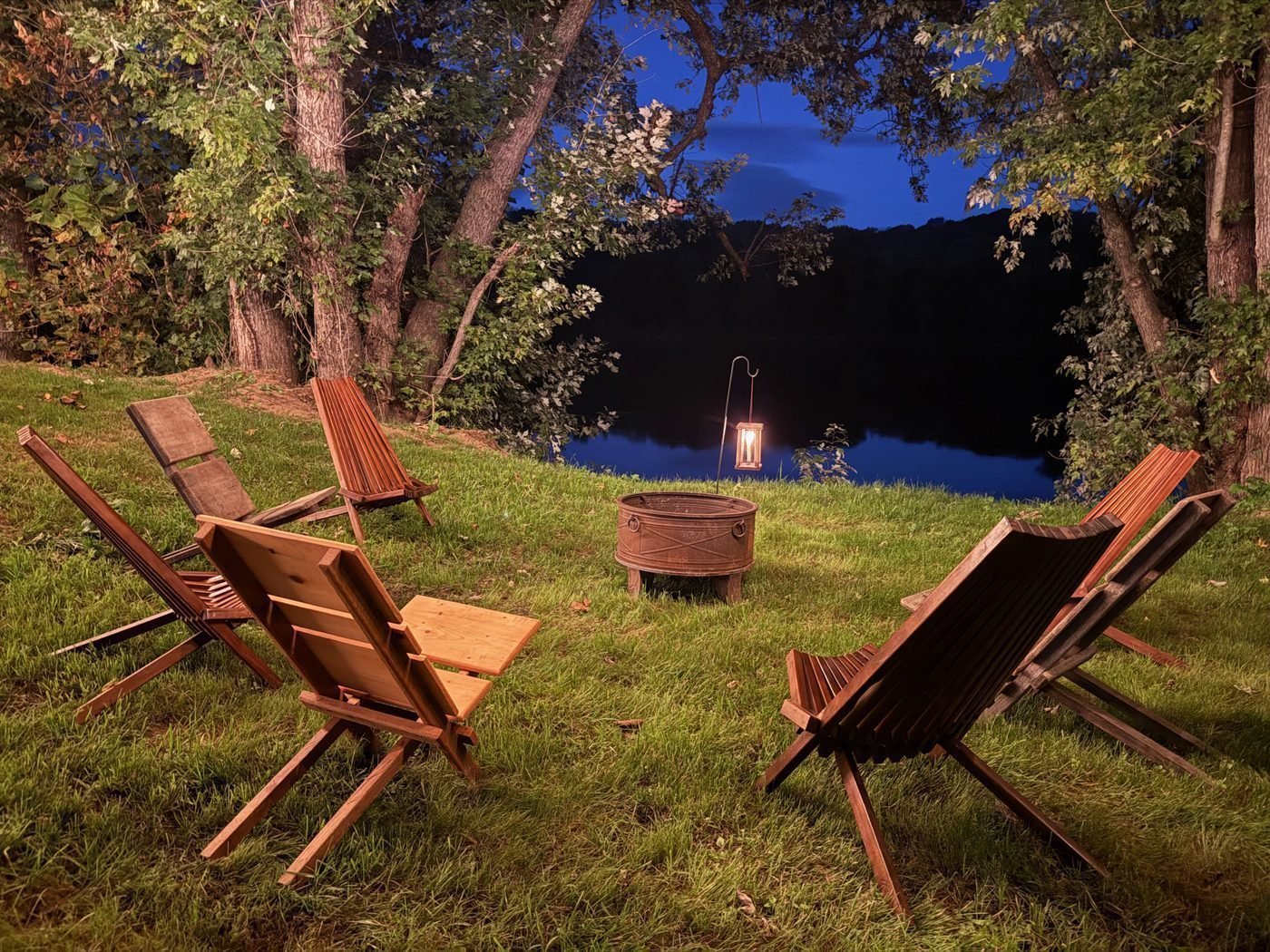 Chairs by the James River at blue hour