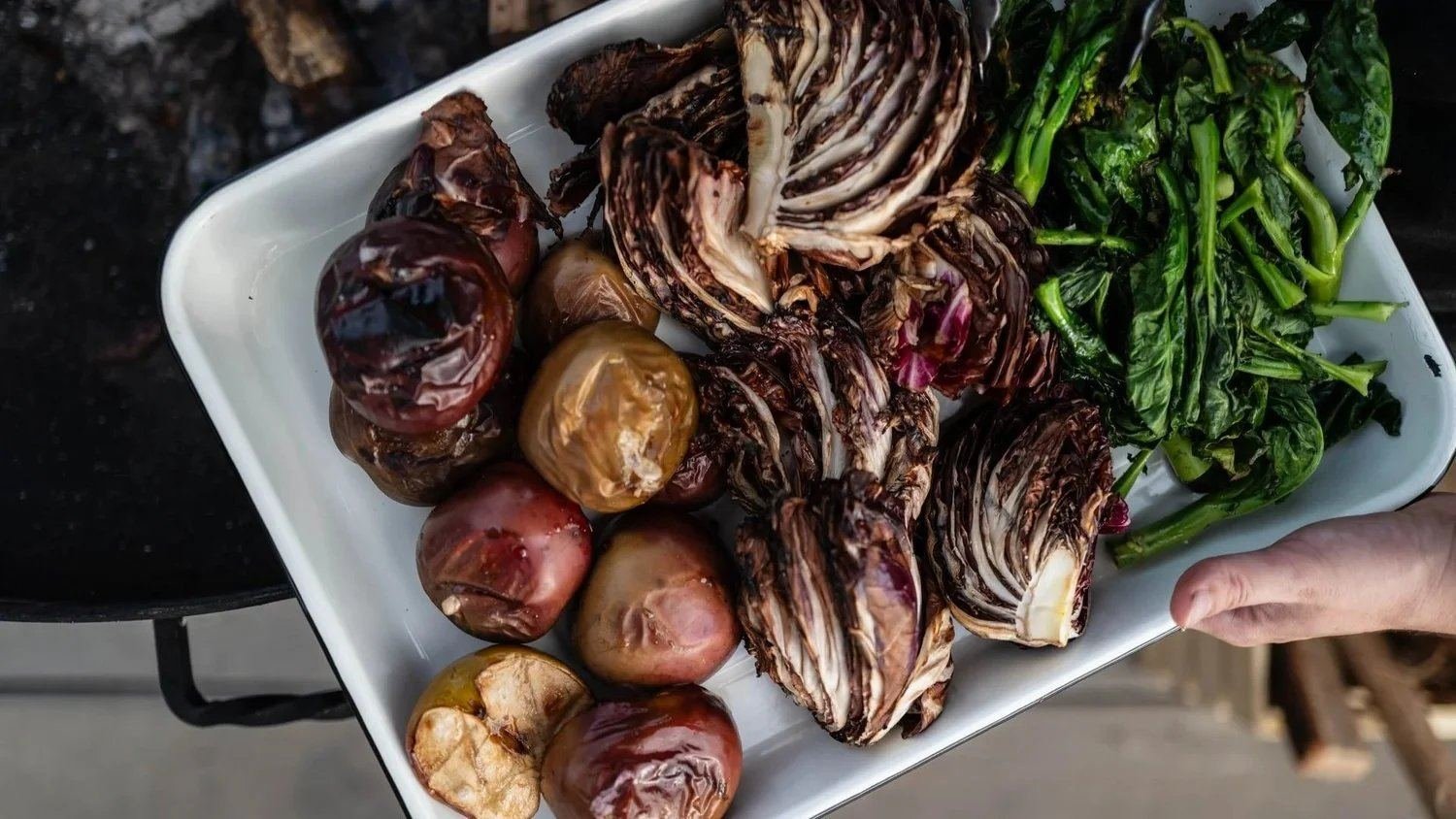 Grilled seasonal vegetables prepared open-fire