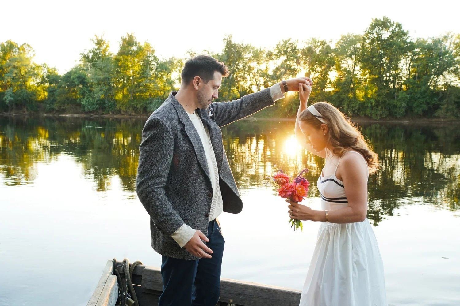 Wedding couple at the James River at golden hour