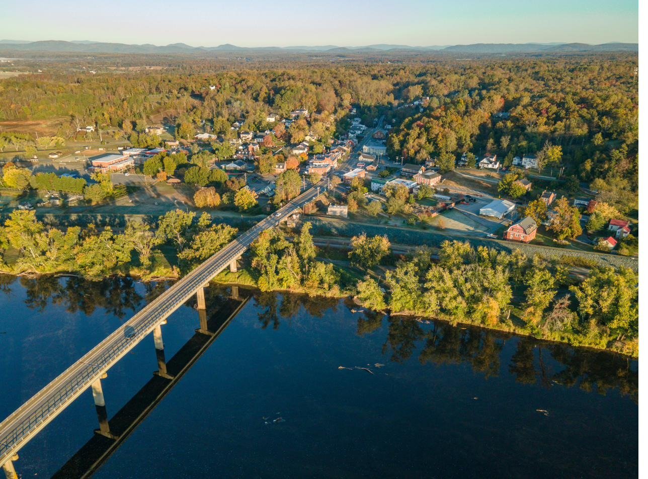 Aerial view of the James River at Scottsville with the Blue Ridge Mountains in the distance